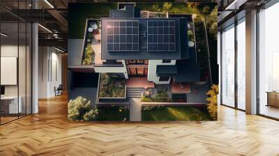 A view from above of a home with solar photovoltaic panels on the roof providing clean power, Ai generated image Wall mural