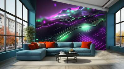 Abstract futuristic background with green purple glowing neon moving high speed wave lines and bokeh lights. Data transfer concept Fantastic wallpaper Ai generated image Wall mural