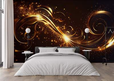 Abstract luxury swirling gold background with gold particle. Christmas Golden light shine particles bokeh on dark background. Gold foil texture, realistic, Ai generated image Wall mural