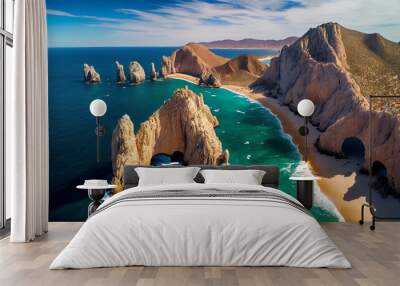 Aerial image of Lands End, the southernmost point of the Baja California peninsula, and El Arco de Cabo San Lucas, Baja California Sur, Mexico, Ai generated image Wall mural