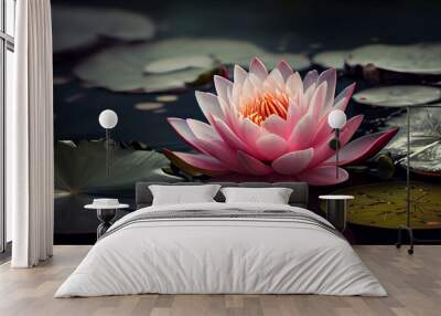 Beautiful pink water lily flower with leaves in a pond, beauty in nature concept banner for wellness, cosmetics, recreation, wallpaper decor,Ai generated image Wall mural