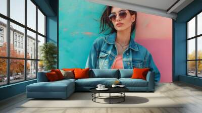 Fashionable girl in denim clothing with modern style and color background. Wall mural