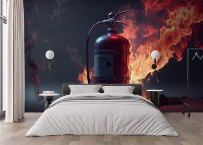 Fire extinguisher next to the flame of fire. Ai generated image Wall mural