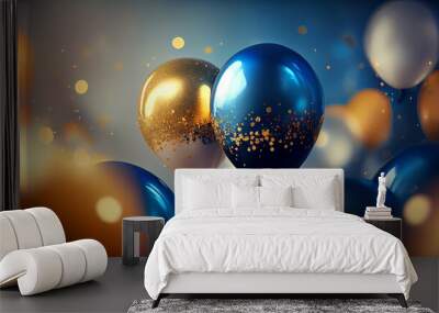 Golden and blue balloons blurry balloons background Ai generated image Wall mural