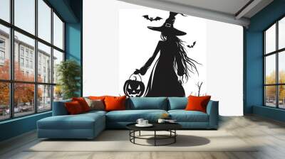 Halloween witch silhouette holding a pumpkin, displayed on a white background, ideal for festive graphics. Wall mural