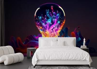 Light bulb with neon lights, abstract glowing background, digital illustration, Ai generated image Wall mural