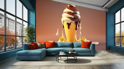 Melting ice cream cone brown background Ai generated image Wall mural