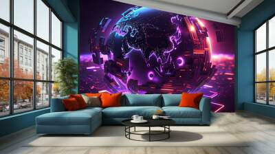 Metaverse digital world cyber space 3D rendering background, neon colorful global world in cyber space, future energy power technology and internet connection concept Ai generated image Wall mural