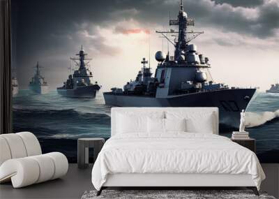 Military Ships at Sea Navy Vessels in the Pacific as Part of a Carrier Strike Group, realistic, Ai generated image Wall mural