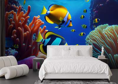 Tropical sea underwater fishes on coral reef. Ai generated image Wall mural