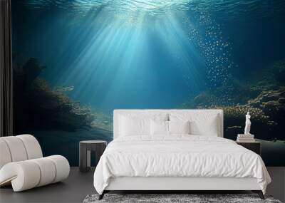 Underwater background deep blue sea and beautiful sun ray under sea. Ai generated image Wall mural