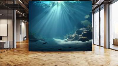 Underwater background deep blue sea and beautiful sun ray under sea. Ai generated image Wall mural