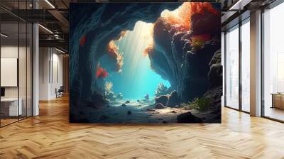 Underwater cave with coral reefs deep on ocean Ai generated image Wall mural