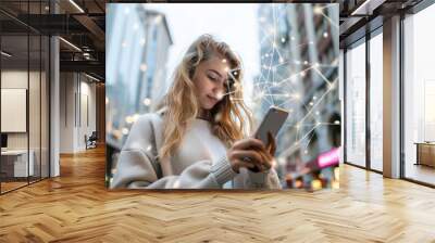 A woman looking at a smartphone on a city street and a network environment connected by digital signals, Generative AI Wall mural