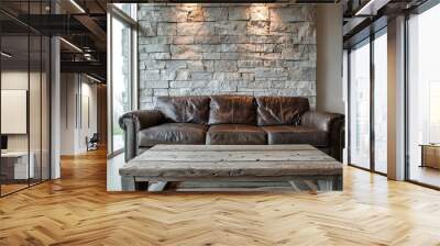 Industrial interiors in living rooms with stone walls and leather sofas and tables. Geberative AI
 Wall mural