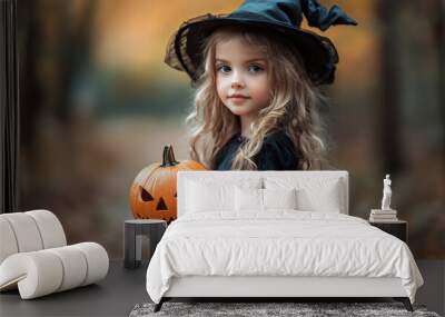 Little girl wearing halloween costume holding pumpkin at halloween festival ,Generative AI Wall mural