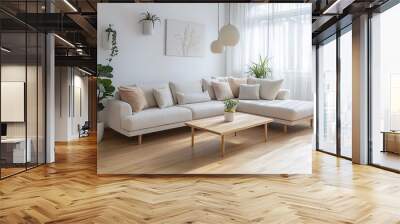 Minimalist, Photograph of a combination of modern Scandinavian interiors and mid-century modern interiors in a living room with a comfortable sofa. Generative AI Wall mural