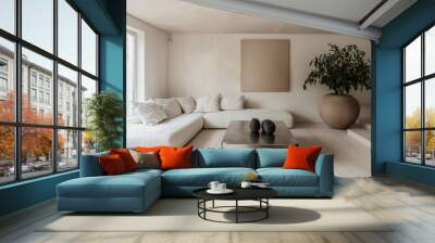 Modern Scandinavian interiors in the living room with beige-tone walls and sofas and interior accessories. Generative AI
 Wall mural