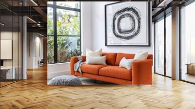 Photograph of a Scandinavian midcentury modern interior living room with a cushion and floor over a white wall and orange sofa with an art frame hanging from it. Generative AI
 Wall mural