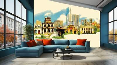 HANOI city panoramic vector water color illustration Wall mural