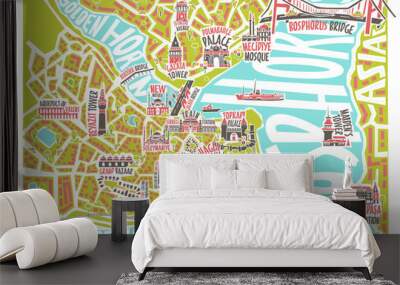 Vector illustration colored istanbul map with famous landmarks Wall mural