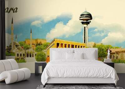 vector panoramic water color  illustration of ANKARA city Wall mural