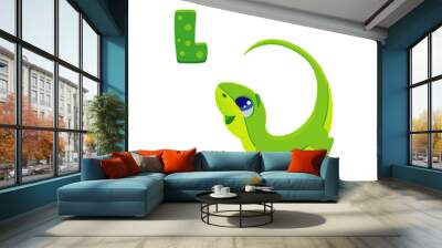 Vector illustration of cartoon green letter L with cute funny little lizard, lacertian long tail, big eyes, isolated on white eps 10 mascot for kids abc, illustration for alphabet  Wall mural