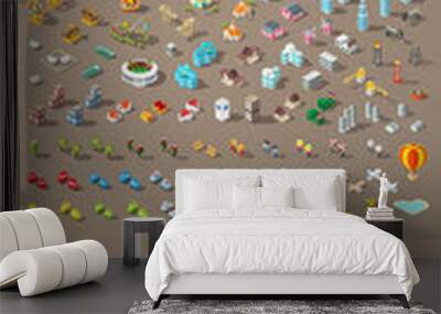 Build Your Own City . Set of Isolated Minimal City Vector Elements on Dark Background Wall mural