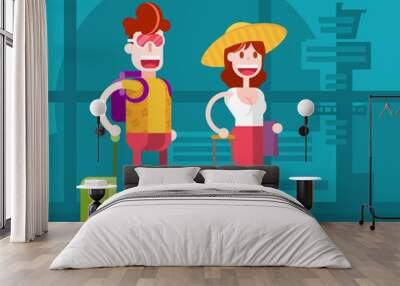 Flat Couple Waiting to Travel at Airport. Isolated Flat Vector Illustration. Wall mural