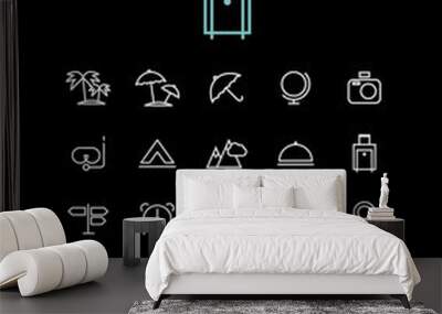 Set of Quality Universal Standard Minimal Simple White Thin Line Travel Icons on Black Background Wall mural