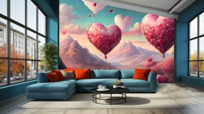 valentines hearts look like balloons on pink background flat lay top view love and romance concept Wall mural