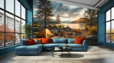 summer camping image at a lakeside campsite, with a group of friends setting up tents and cooking over a campfire as the sun sets behind the mountains Wall mural