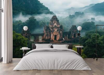 Ancient Asian temple surrounded by lush greenery Wall mural