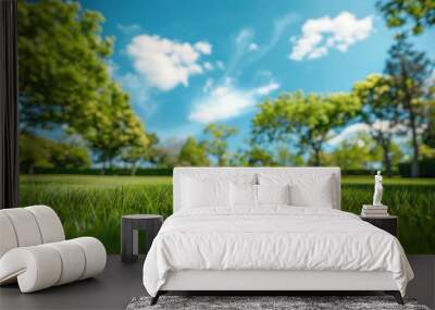 A lush green field with trees against blue sky in the background Wall mural