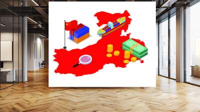 Chinese economy illustrations with china map money and containers Wall mural