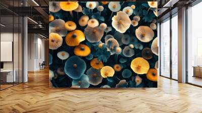 Close up beautiful bunch mushrooms color light in the tree background texture Wall mural