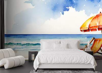 Beach chair with umbrella in summer beach landscape watercolor2 Wall mural