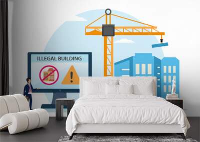 Illegal buildings vector concept. Two workers standing in construction site with Illegal buildings text on monitor Wall mural