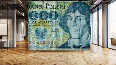 Vintage PLN. Ancient, used, out-of-date Polish thousand zloty currency banknote. This bill is no more in use after redenomination in 1995. Only less than 75% is displayed. Nicolaus Copernicus portrait Wall mural