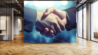 Hand shake between two business men, closeup shot of shaking hands with abstract digital background, generative ai Wall mural