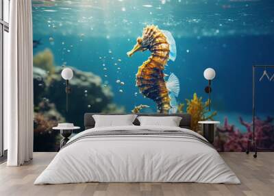 Seahorse floating under water in the sea with sunrays coming from above, generative ai Wall mural