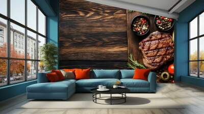  topview steak and ingredient american foods concept on wooden background Wall mural