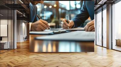 Two businessmen sit together signing documents on a table Wall mural