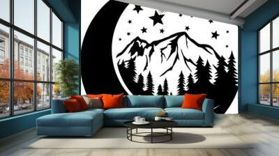 Moon, stars, mountain and forest  (night landscape). Png crescent. Wall mural