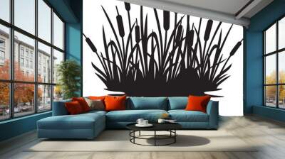 Reeds silhouette design reflecting over the lake or river. Illustration of bulrush and grass or river. Wall mural