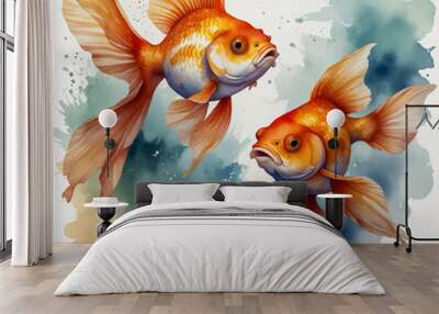 A delicate watercolor illustration of two goldfish. The fish are depicted with graceful, flowing fins that seem to ripple gently through the water. Wall mural