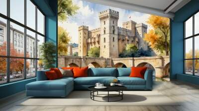 Watercolor illustration of the Palais des Papes in Avignon. Capture the imposing medieval architecture of this historic papal residence, Wall mural