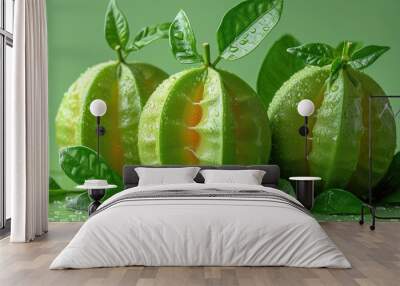 A bunch of green starfruit with water droplets on a green surface and a green pastel background Wall mural