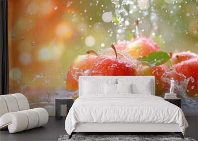 Freshness red apples with water droplets splashing against an orange bokeh background Wall mural