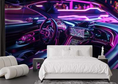 Futuristic supercar dashboard illuminated by neon violet lights. advanced technology and sleek design Wall mural